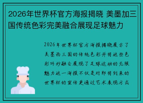 2026年世界杯官方海报揭晓 美墨加三国传统色彩完美融合展现足球魅力